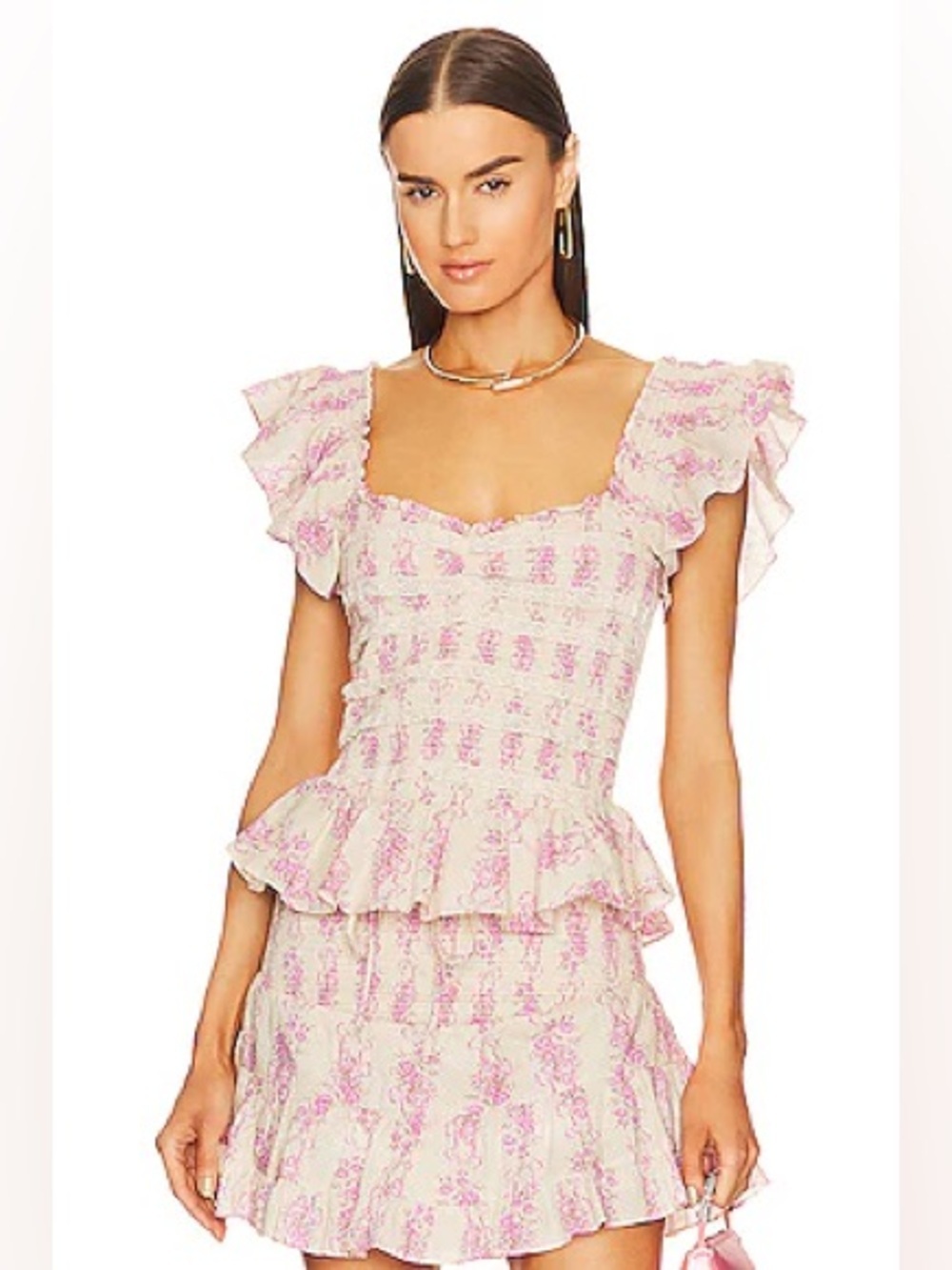 LoveShackFancy Cream Smocked Ruffle skirt with Pink Floral Accents